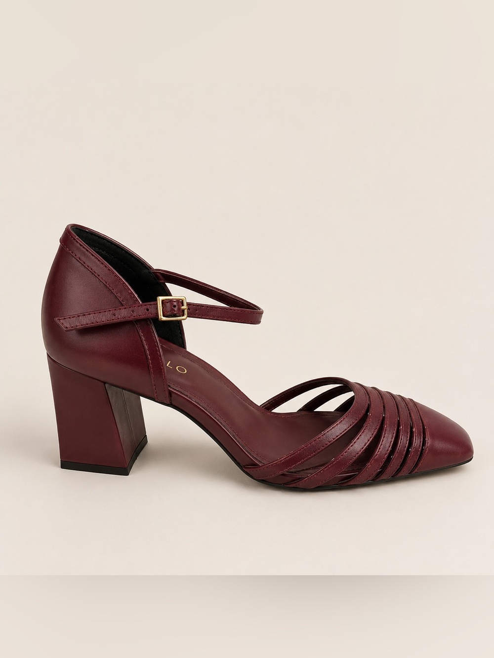 Corello Burgundy Leather Strappy Block Heel Pumps Ankle Strap Square Toe US 9